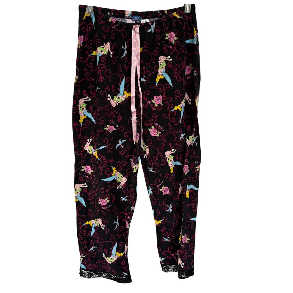 Vintage Y2K Disney Tinkerbell Pajama Pants 2000s Princess Black Lace Medium